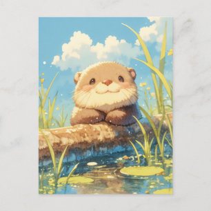 Lächelnder Otter auf sonnigem Flussstamm Postkarte
