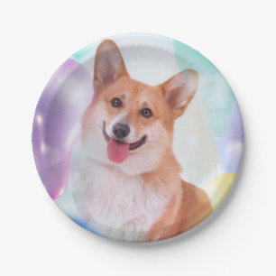 Lächelnder Pembroke-WaliserCorgi mit Ballonen Pappteller