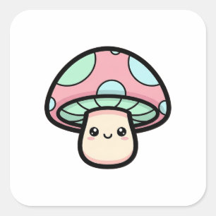 Lächelnder Pilz – Süße Kawaii-Illustration Quadratischer Aufkleber