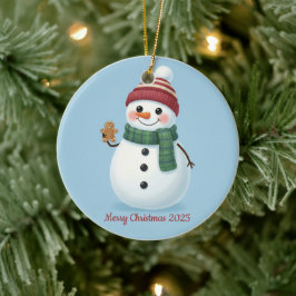Lächelnder Schneemann mit Beanie Cute Weihnachten Keramik Ornament