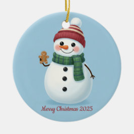 Lächelnder Schneemann mit Beanie Cute Weihnachten Keramik Ornament