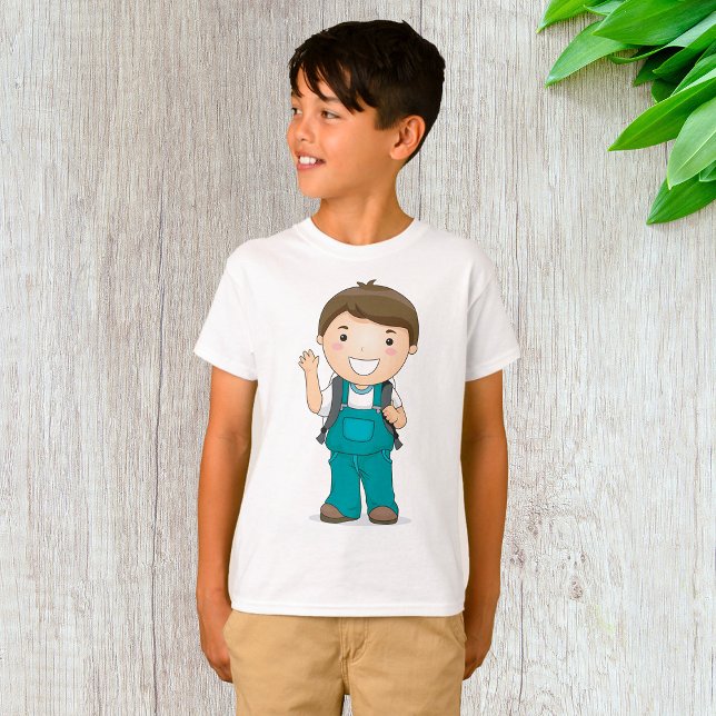 Lächelnder Schuljunge mit Rucksack T-Shirt (Von Creator hochgeladen)