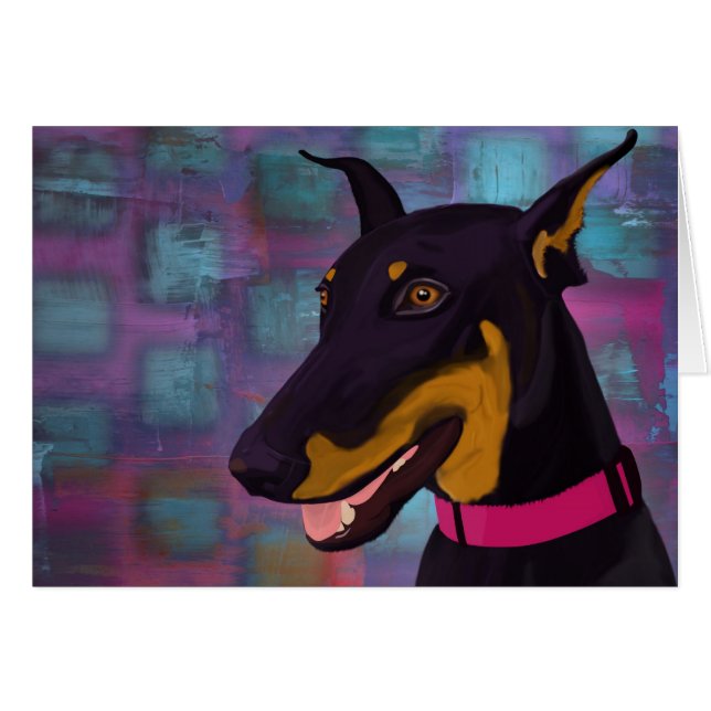 Lächelnder schwarzer Dobermann auf einem lila (Vorderseite (Horizontal))