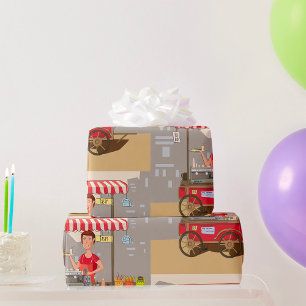 Lächelnder Straßenverkäufer Bunter Lebensmittelwag Geschenkpapier