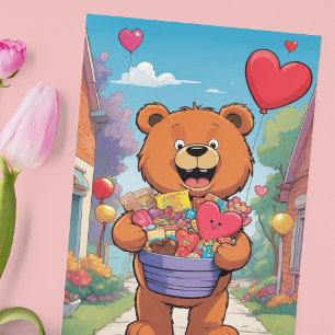 Lächelnder Teddybär mit Geschenkkorb zum Valentins Poster