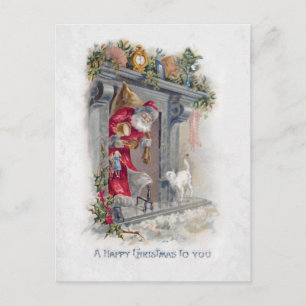Lächelnder Vintage-Weihnachtsmann im Kamin mit Ges Postkarte