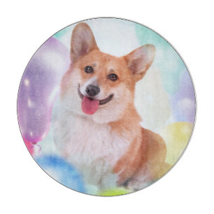 Lächelnder WaliserCorgi mit Ballonen Schneidebrett