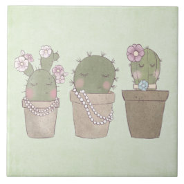 Lächelndes Cactus Trio Watercolor-Design Fliese