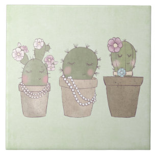 Lächelndes Cactus Trio Watercolor-Design Fliese