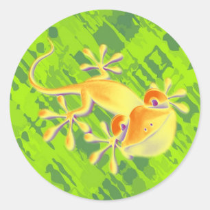 Lächelndes Gecko - grünes Muster Runder Aufkleber