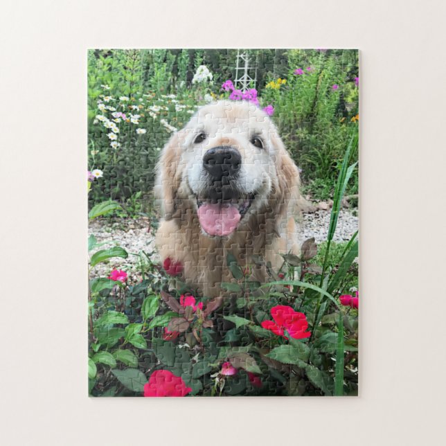 Lächelndes Golden Retriever Hund unter Roten Blume Puzzle (Vertikal)
