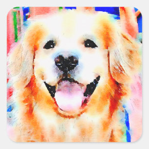 Lächelndes Golden Retriever Wasserfarbe Portrait Quadratischer Aufkleber