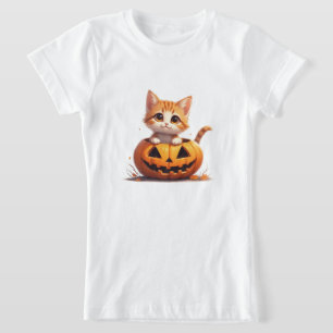 Lächelndes Kätzchen im Kürbisfeld Halloween 🎃 T-Shirt