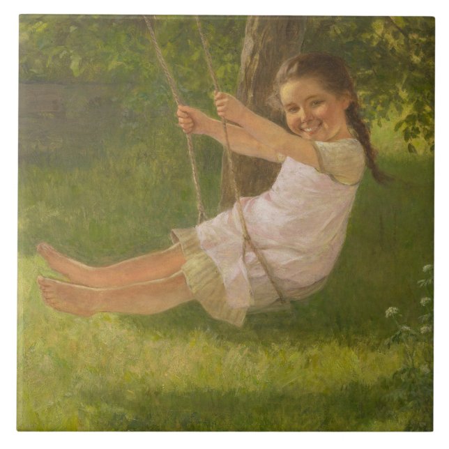 Lächelndes Mädchen auf einer Schaukel (Vintage Kin Fliese (Vorderseite)