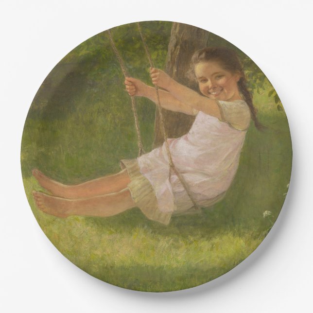 Lächelndes Mädchen auf einer Schaukel (Vintage Kin Pappteller (Vorderseite)