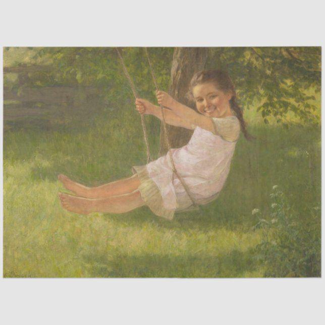 Lächelndes Mädchen auf einer Schaukel (Vintage Kin Seidenpapier (Vorderseite)