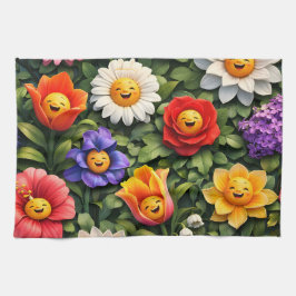 Lächelndes Miauen whimsical glückliche Blumen Tee Geschirrtuch