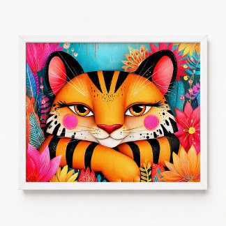 Lächelndes rosa florales orange Tigerbild Poster