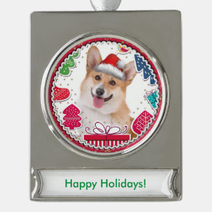 Lächelndes Weihnachtsroter und weißer Corgi Banner-Ornament Silber