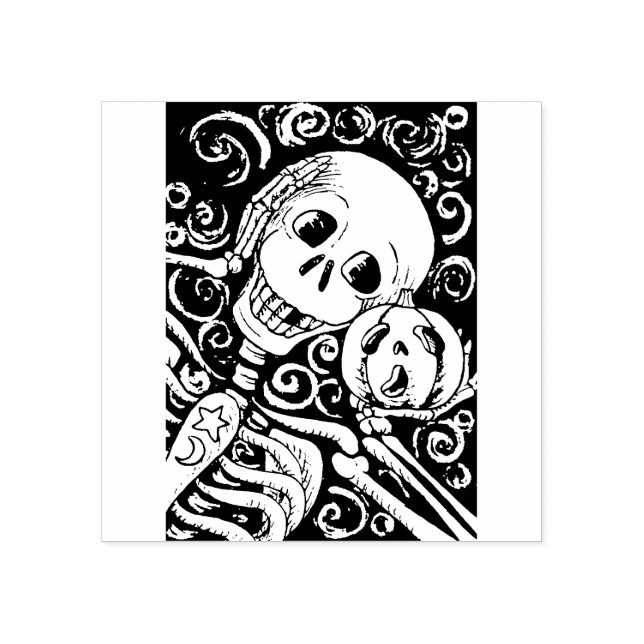LÄCHELSKELETON UND SEINE KÜRBISLATERNE, HALLOWEN GUMMISTEMPEL (Prägung)