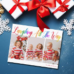 Lachen Auf dem ganzen Weg Regenbogen 3 Weihnachts- Feiertagspostkarte<br><div class="desc">Schöne,  farbenfrohe 3 Foto Weihnachtskarte mit Laughing All the Way in hübscher Regenbogen-Cursive Skript. Personalisieren Sie mit Ihren drei lieblings vertikalen Familienfotos von Ihren lächelnden Kindern über Ihrem Namen oder benutzerdefinierten Gruß in rot. Spaß und fröhliche Urlaubspostkarten.</div>
