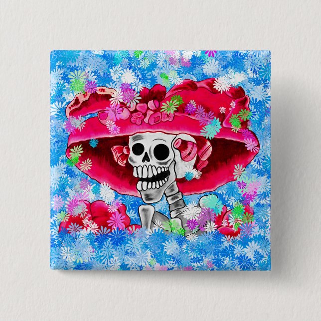 Lachen Skeleton Frau in Red Bonnet Button (Vorderseite)