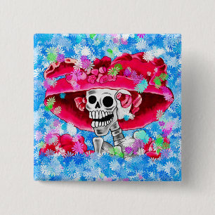 Lachen Skeleton Frau in Red Bonnet Button