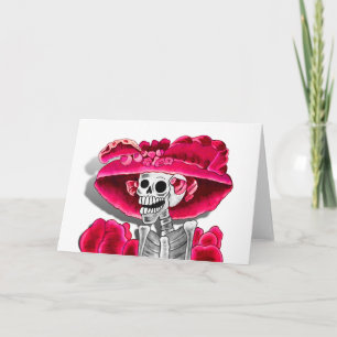 Lachen Skeleton Frau in Red Bonnet Karte