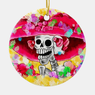 Lachen Skeleton Frau in Red Bonnet Keramik Ornament
