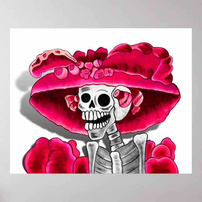 Lachen Skeleton Frau in Red Bonnet Poster (Vorne)