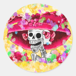 Lachen Skeleton Frau in Red Bonnet Runder Aufkleber