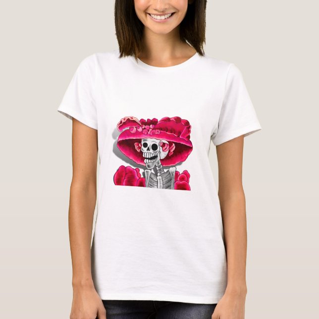 Lachen Skeleton Frau in Red Bonnet T-Shirt (Vorderseite)