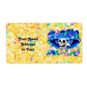 Lachend Skeleton Frau in Blue Bonnet auf Gelb