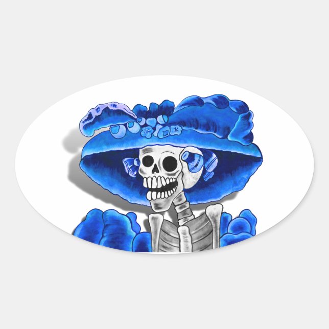 Lachend Skeleton Frau in Blue Bonnet Ovaler Aufkleber (Vorderseite)