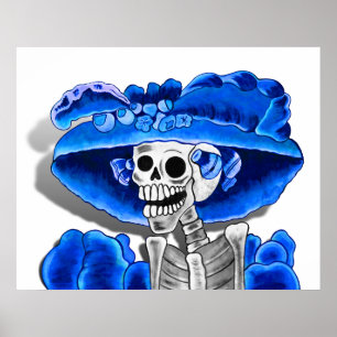 Lachend Skeleton Frau in Blue Bonnet Poster