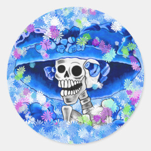 Lachend Skeleton Frau in Blue Bonnet Runder Aufkleber