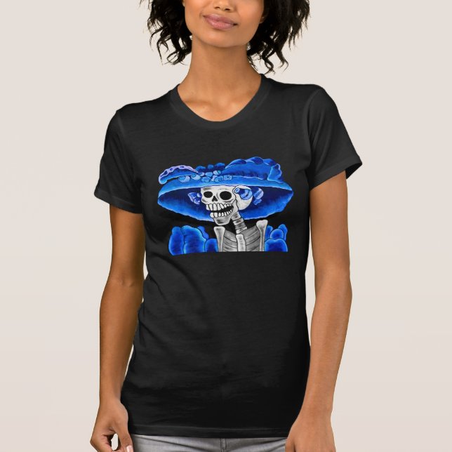 Lachend Skeleton Frau in Blue Bonnet T-Shirt (Vorderseite)