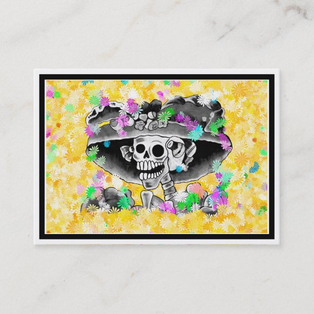 Lachend Skeleton Frau in Bonnet auf Gelb Visitenkarte (Vorderseite)