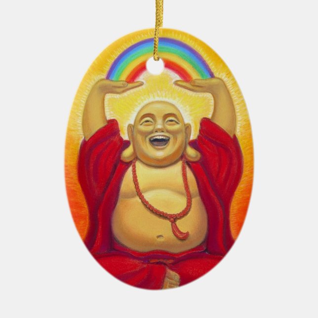 Lachende Buddha-Regenbogen-Verzierung Keramikornament (Vorne)