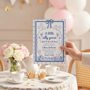 Lachende dumme Gans blaue Gingham-Schleife Baby Sh Einladung