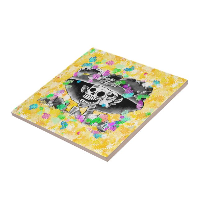 Lachende Skelett-Frau Dia De Los Muertos Fliese (Seite)