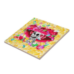 Lachende Skelettfrau Dia De Los Muertos Fliese