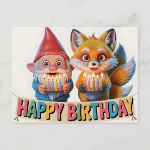 Lachender Gartenzwerg und Fuchsjunges Geburtstag Feiertagspostkarte