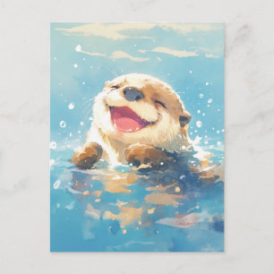 Lachender Wasserfarbenotter im blauen Meer Postkarte