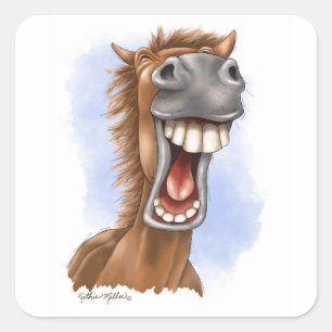 Lachhaftes Cartoon-Pferd mit Lachanfall Quadratischer Aufkleber