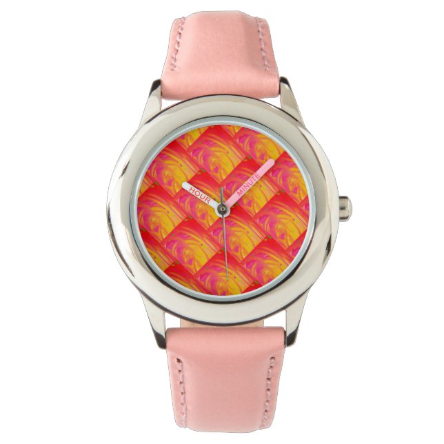 Lachrosa mit sonnenorangefarbenem Design Armbanduhr (Vorderseite)