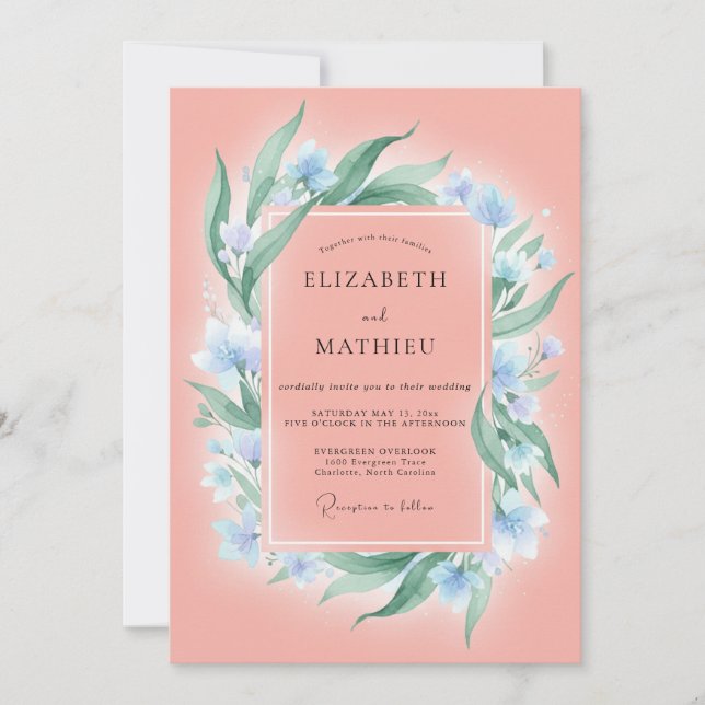 Lachs Azure Foliage Eukalyptus Hochzeit Einladung (Vorderseite)