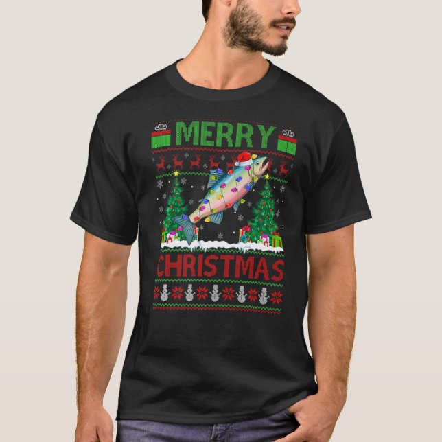 Lachs Fisch Weihnachtsbaum Ugly Weihnachten T-Shirt (Vorderseite)
