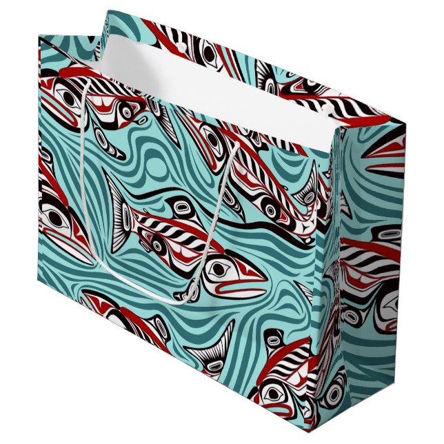 Lachs Haida Art Spirit Pacific Native Große Geschenktüte (Vorderseite Schrägansicht)