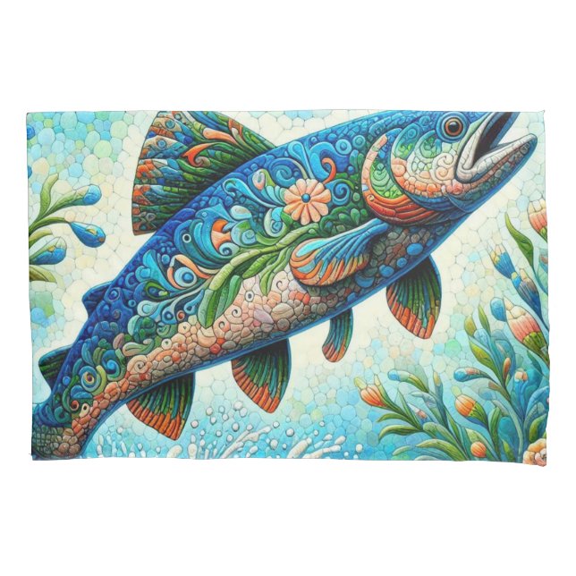 Lachs Jumping Mosaic Floral Blue Green Peach Kissenbezug (Vorderseite)